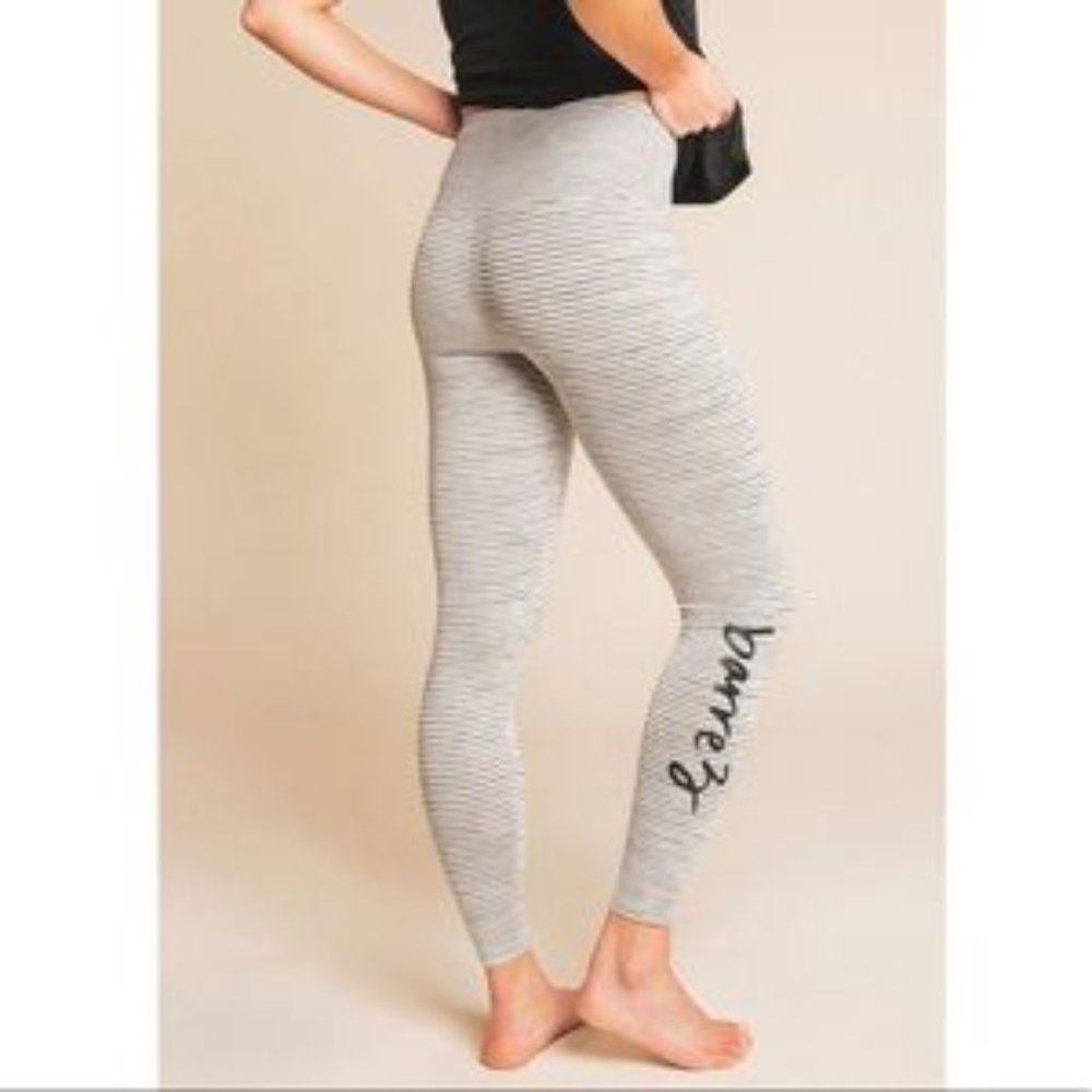 Beyond Yoga Grey & White Striped Barre3 Leggings